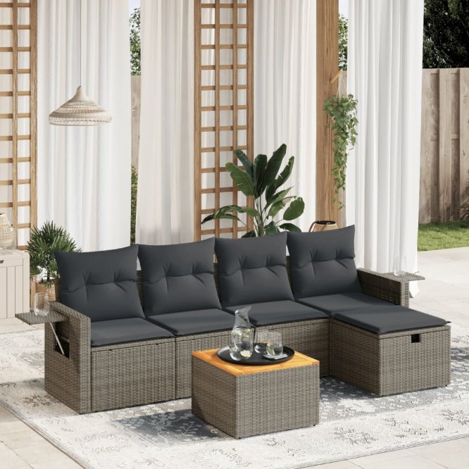 6-tlg. Garten-Sofagarnitur mit Kissen Schwarz Poly Rattan