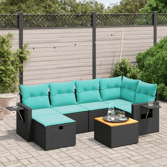 7-tlg. Garten-Sofagarnitur mit Kissen Schwarz Poly Rattan