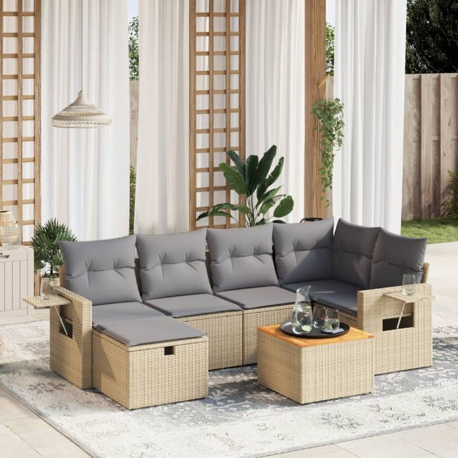 7-tlg. Garten-Sofagarnitur mit Kissen Schwarz Poly Rattan