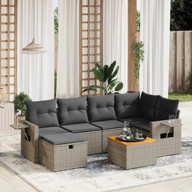 7-tlg. Garten-Sofagarnitur mit Kissen Schwarz Poly Rattan