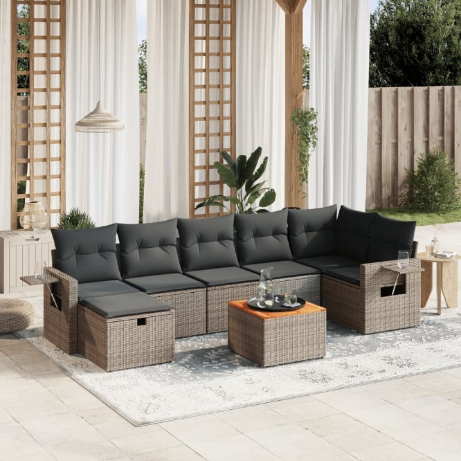 8-tlg. Garten-Sofagarnitur mit Kissen Schwarz Poly Rattan