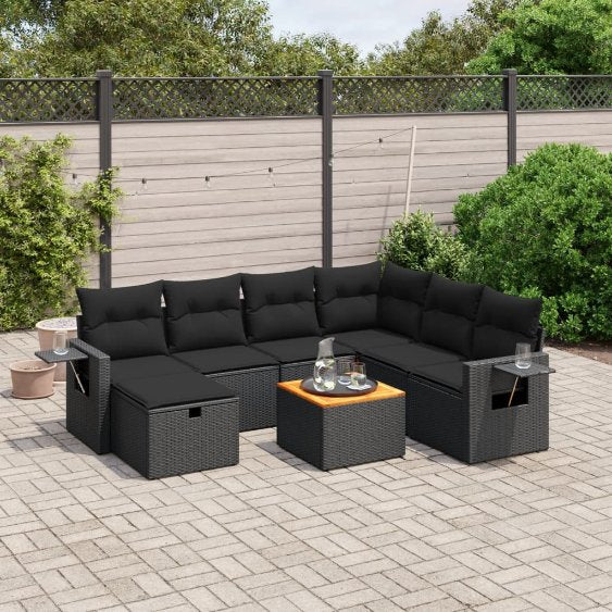 8-tlg. Garten-Sofagarnitur mit Kissen Schwarz Poly Rattan