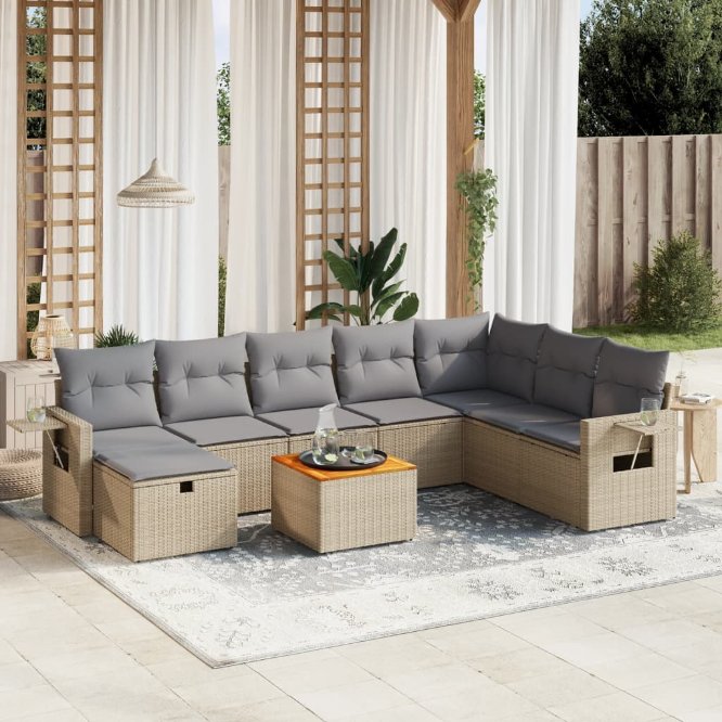 9-tlg. Garten-Sofagarnitur mit Kissen Schwarz Poly Rattan