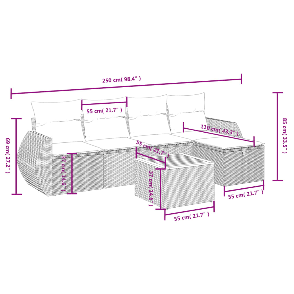 6-tlg. Garten-Sofagarnitur mit Kissen Schwarz Poly Rattan