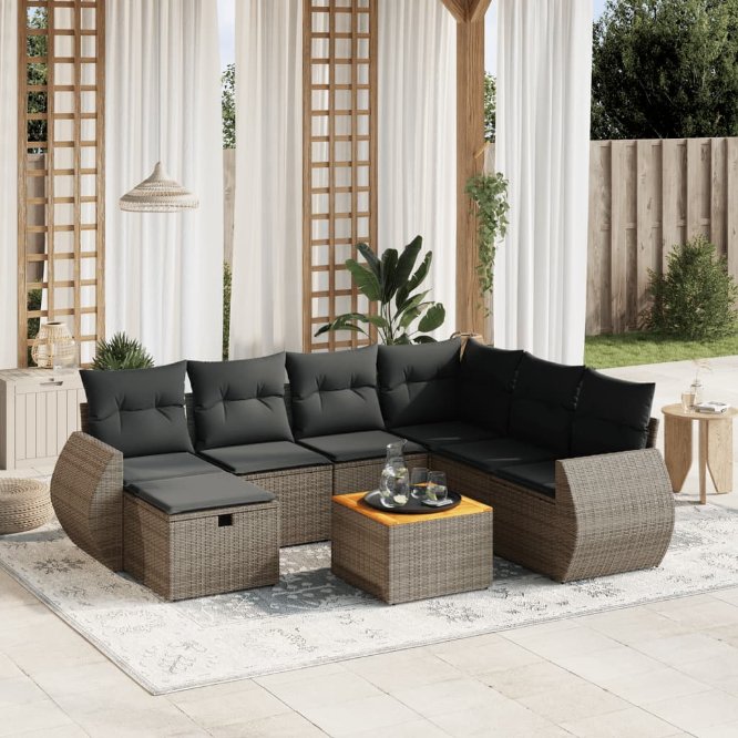 8-tlg. Garten-Sofagarnitur mit Kissen Schwarz Poly Rattan
