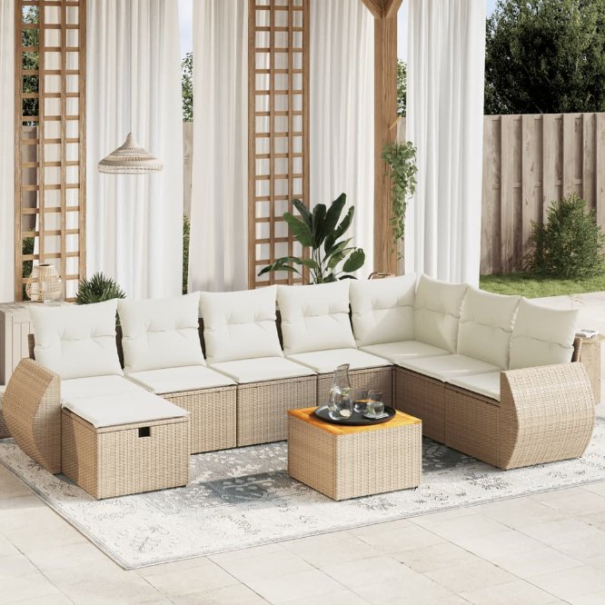 9-tlg. Garten-Sofagarnitur mit Kissen Schwarz Poly Rattan