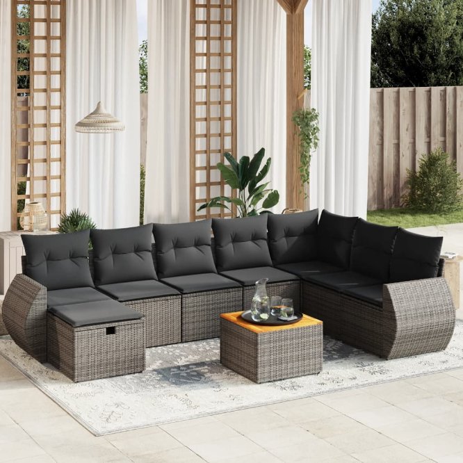 9-tlg. Garten-Sofagarnitur mit Kissen Schwarz Poly Rattan