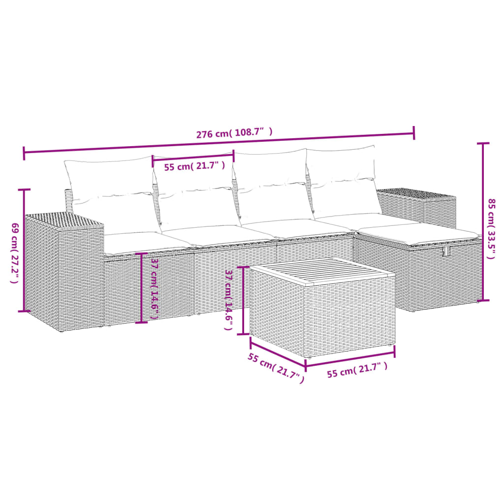 6-tlg. Garten-Sofagarnitur mit Kissen Schwarz Poly Rattan