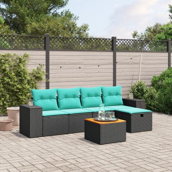 6-tlg. Garten-Sofagarnitur mit Kissen Schwarz Poly Rattan
