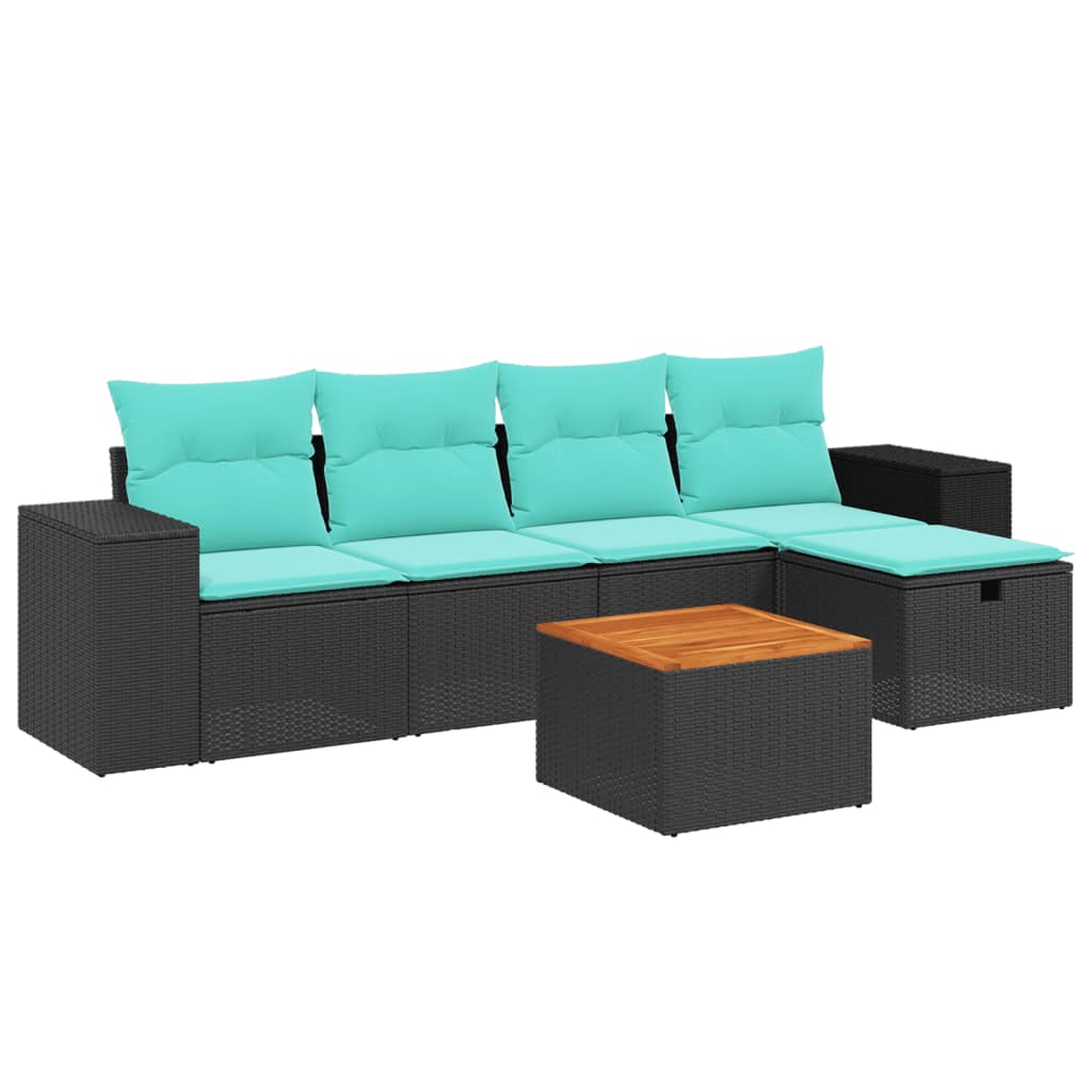 6-tlg. Garten-Sofagarnitur mit Kissen Schwarz Poly Rattan
