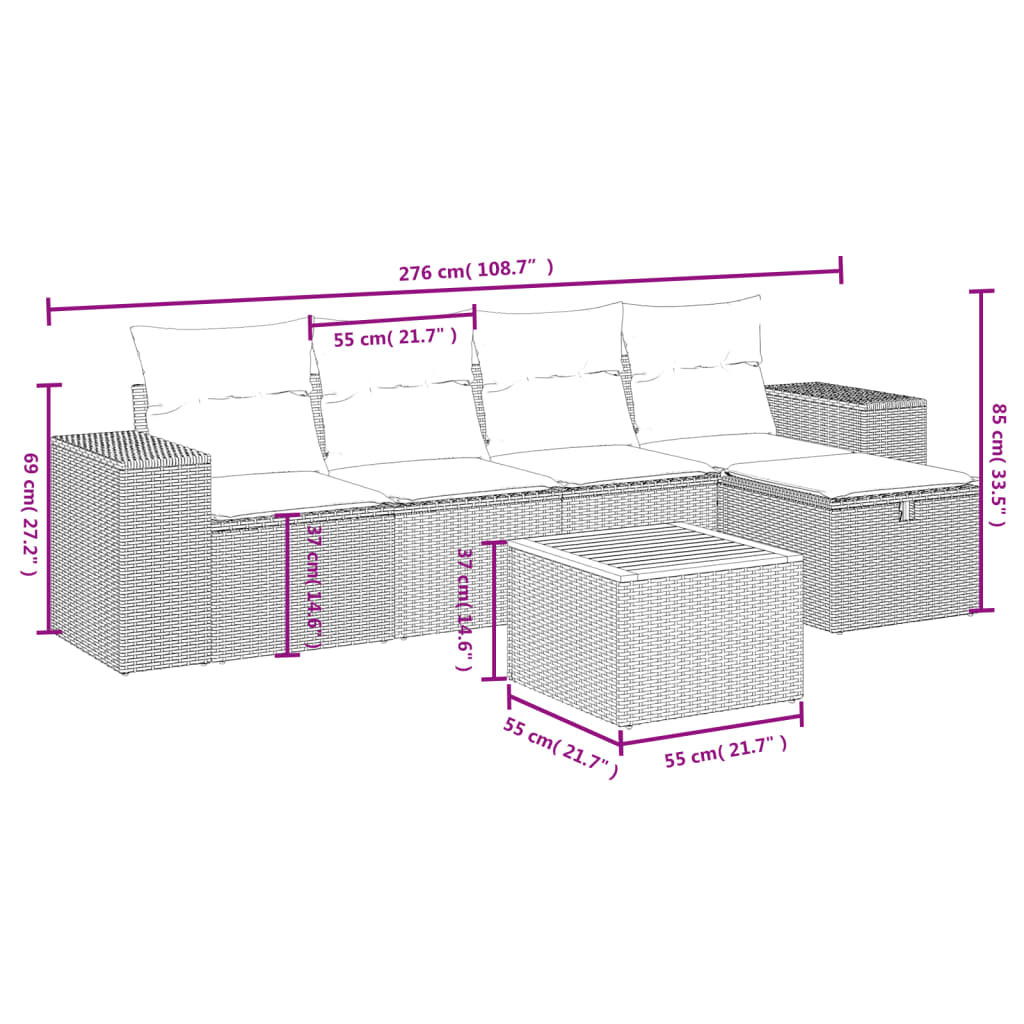 6-tlg. Garten-Sofagarnitur mit Kissen Schwarz Poly Rattan