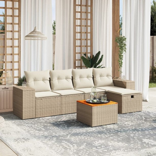 6-tlg. Garten-Sofagarnitur mit Kissen Schwarz Poly Rattan