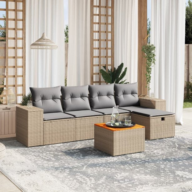 6-tlg. Garten-Sofagarnitur mit Kissen Schwarz Poly Rattan