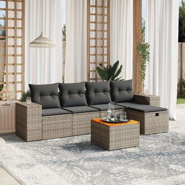 6-tlg. Garten-Sofagarnitur mit Kissen Schwarz Poly Rattan