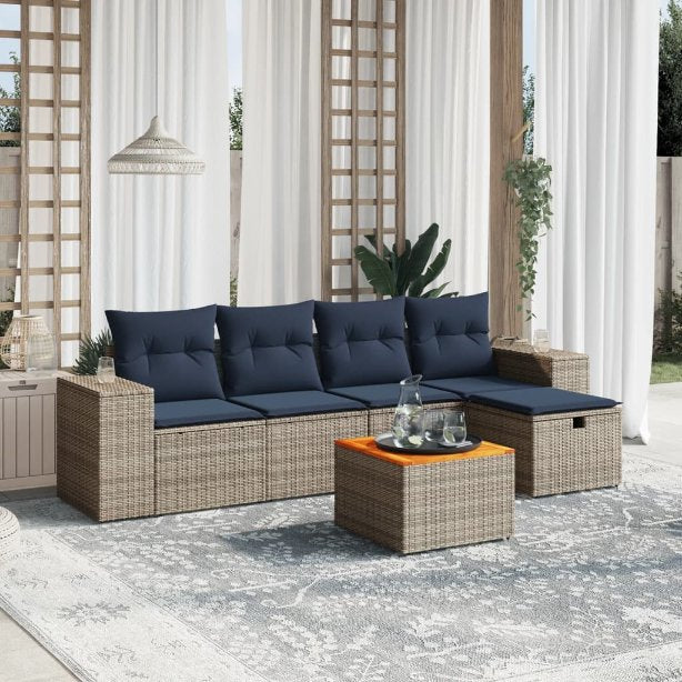 6-tlg. Garten-Sofagarnitur mit Kissen Schwarz Poly Rattan