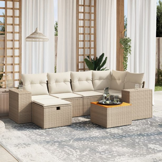 7-tlg. Garten-Sofagarnitur mit Kissen Schwarz Poly Rattan