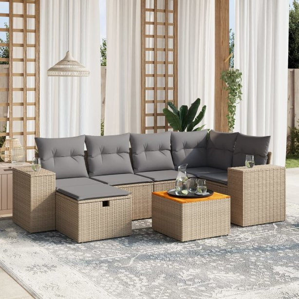 7-tlg. Garten-Sofagarnitur mit Kissen Schwarz Poly Rattan