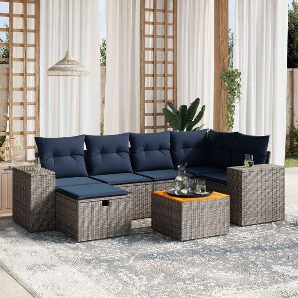 7-tlg. Garten-Sofagarnitur mit Kissen Schwarz Poly Rattan
