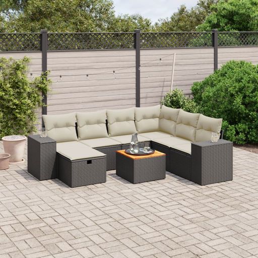 8-tlg. Garten-Sofagarnitur mit Kissen Schwarz Poly Rattan