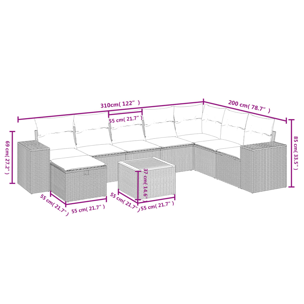 9-tlg. Garten-Sofagarnitur mit Kissen Schwarz Poly Rattan