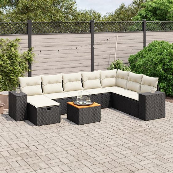 9-tlg. Garten-Sofagarnitur mit Kissen Schwarz Poly Rattan