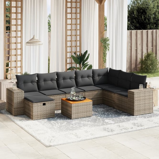 9-tlg. Garten-Sofagarnitur mit Kissen Schwarz Poly Rattan