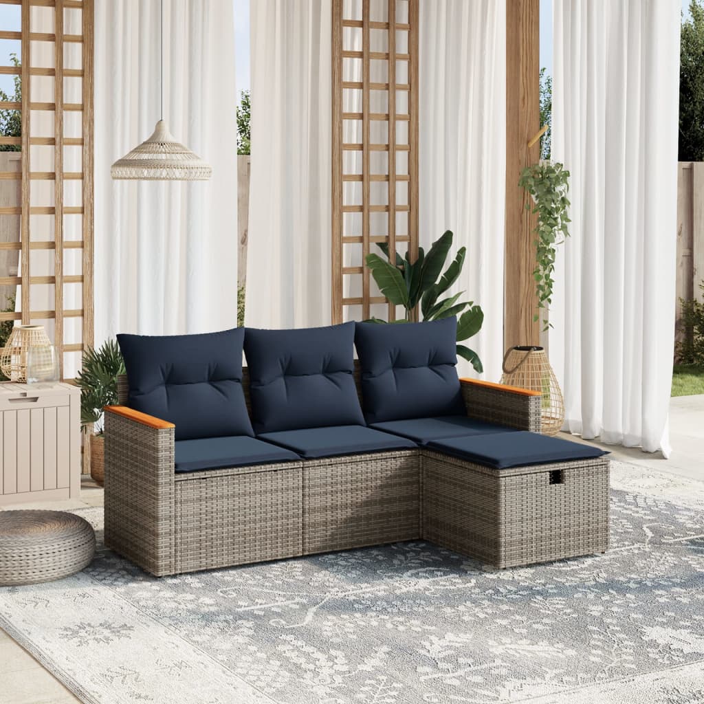 4-tlg. Garten-Sofagarnitur mit Kissen Grau Poly Rattan