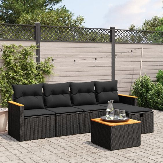 5-tlg. Garten-Sofagarnitur mit Kissen Schwarz Poly Rattan