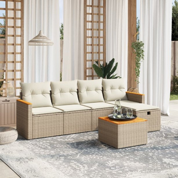 5-tlg. Garten-Sofagarnitur mit Kissen Schwarz Poly Rattan