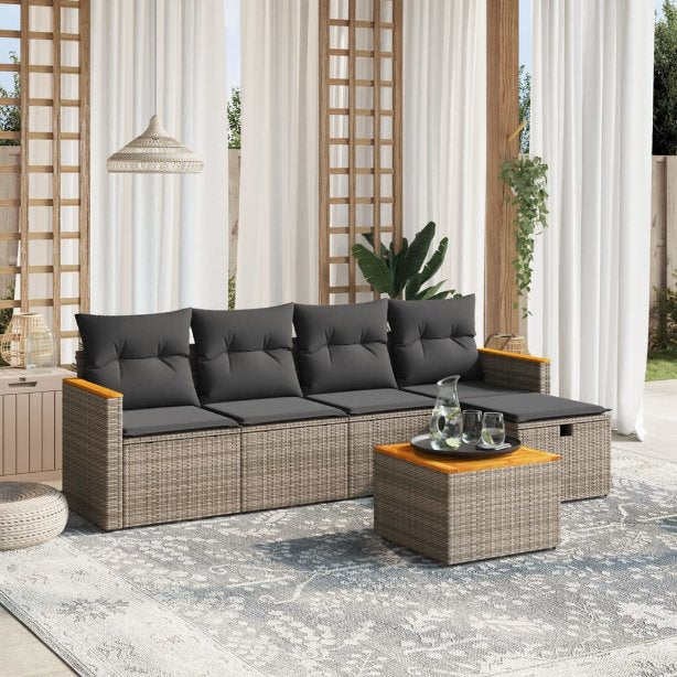 5-tlg. Garten-Sofagarnitur mit Kissen Schwarz Poly Rattan