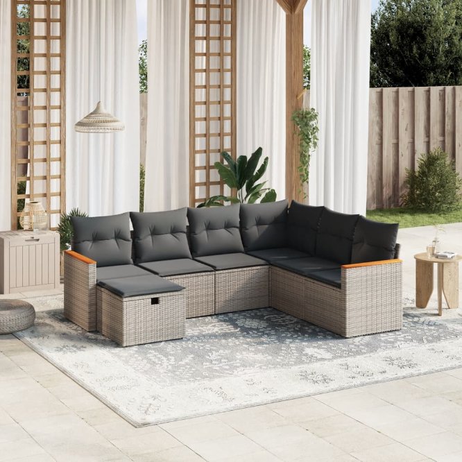 7-tlg. Garten-Sofagarnitur mit Kissen Schwarz Poly Rattan