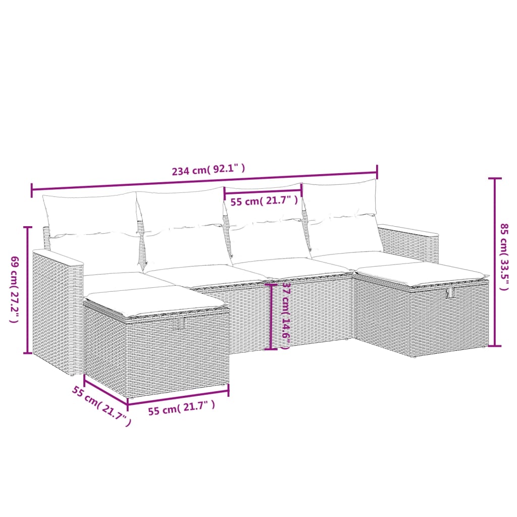6-tlg. Garten-Sofagarnitur mit Kissen Schwarz Poly Rattan