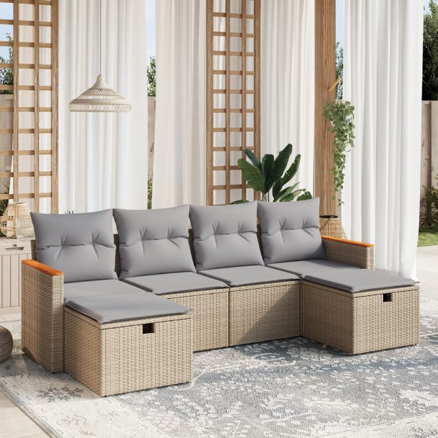6-tlg. Garten-Sofagarnitur mit Kissen Schwarz Poly Rattan