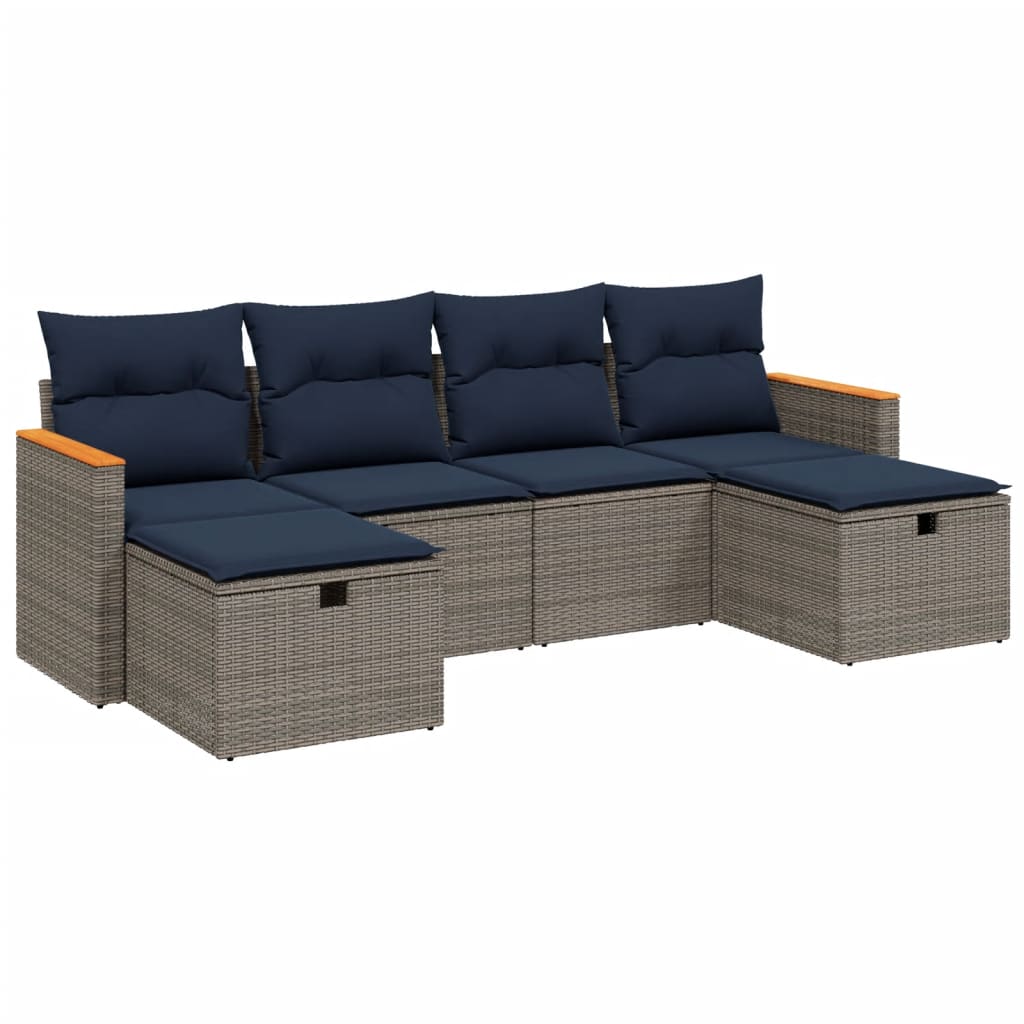 6-tlg. Garten-Sofagarnitur mit Kissen Grau Poly Rattan