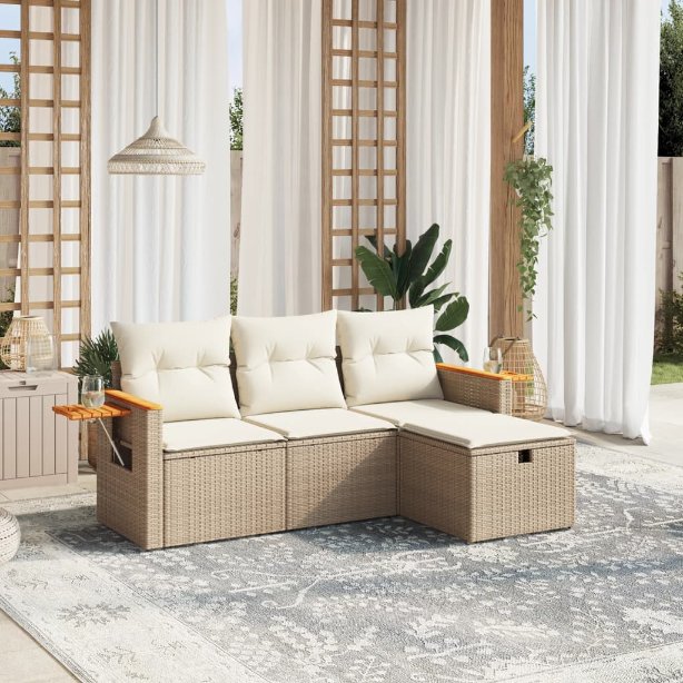 4-tlg. Garten-Sofagarnitur mit Kissen Schwarz Poly Rattan