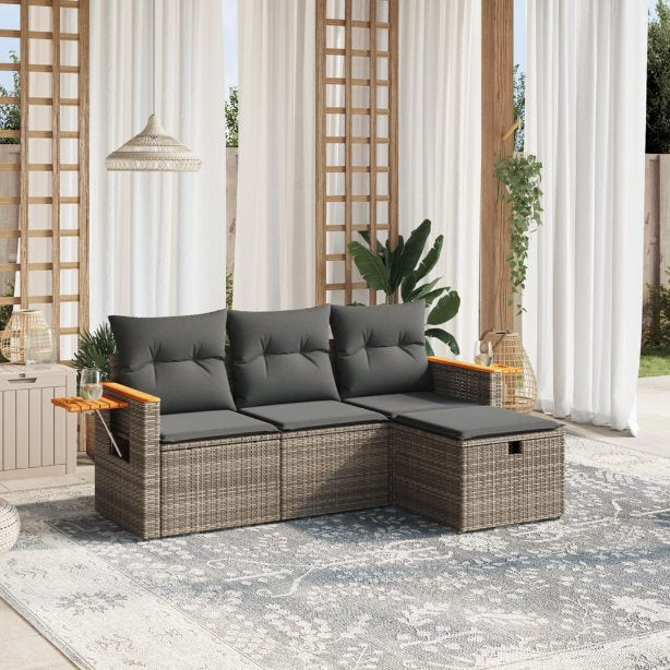 4-tlg. Garten-Sofagarnitur mit Kissen Schwarz Poly Rattan