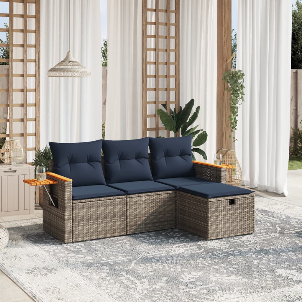 4-tlg. Garten-Sofagarnitur mit Kissen Grau Poly Rattan