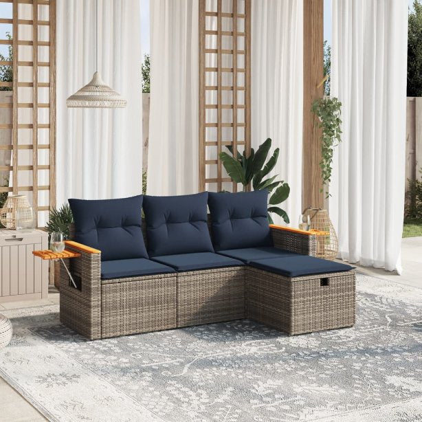 4-tlg. Garten-Sofagarnitur mit Kissen Grau Poly Rattan