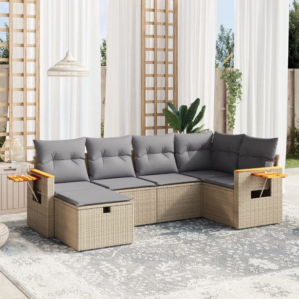 6-tlg. Garten-Sofagarnitur mit Kissen Schwarz Poly Rattan