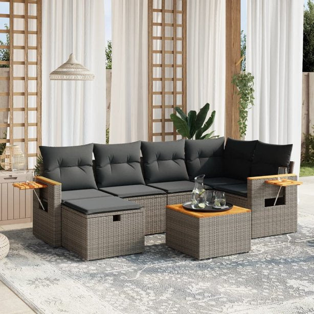 6-tlg. Garten-Sofagarnitur mit Kissen Schwarz Poly Rattan