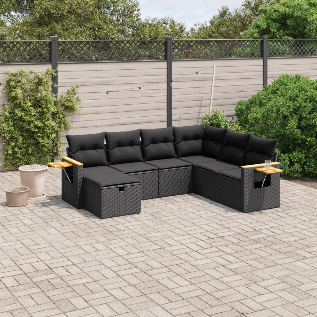 7-tlg. Garten-Sofagarnitur mit Kissen Schwarz Poly Rattan