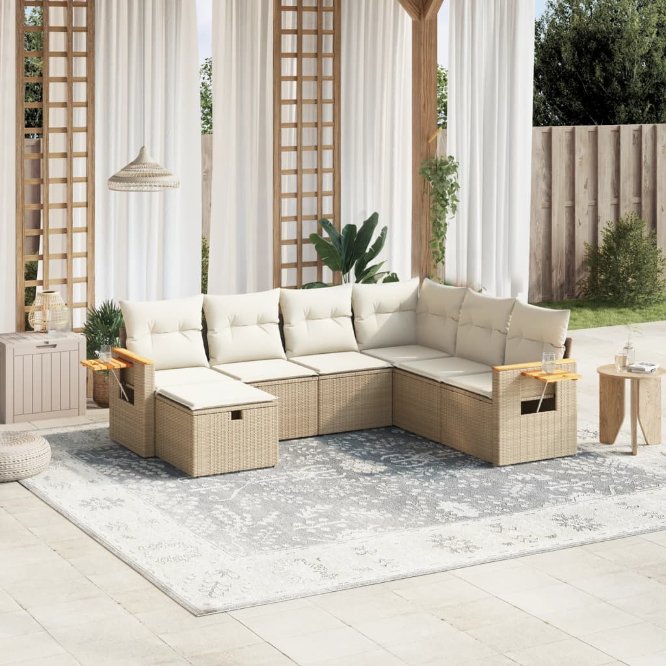 7-tlg. Garten-Sofagarnitur mit Kissen Schwarz Poly Rattan