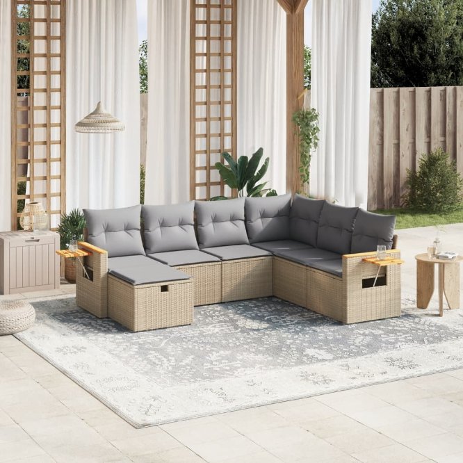 7-tlg. Garten-Sofagarnitur mit Kissen Schwarz Poly Rattan