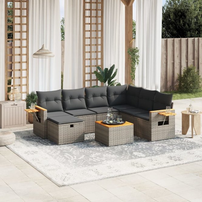 7-tlg. Garten-Sofagarnitur mit Kissen Schwarz Poly Rattan