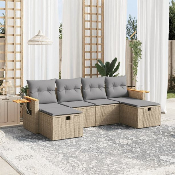 6-tlg. Garten-Sofagarnitur mit Kissen Schwarz Poly Rattan