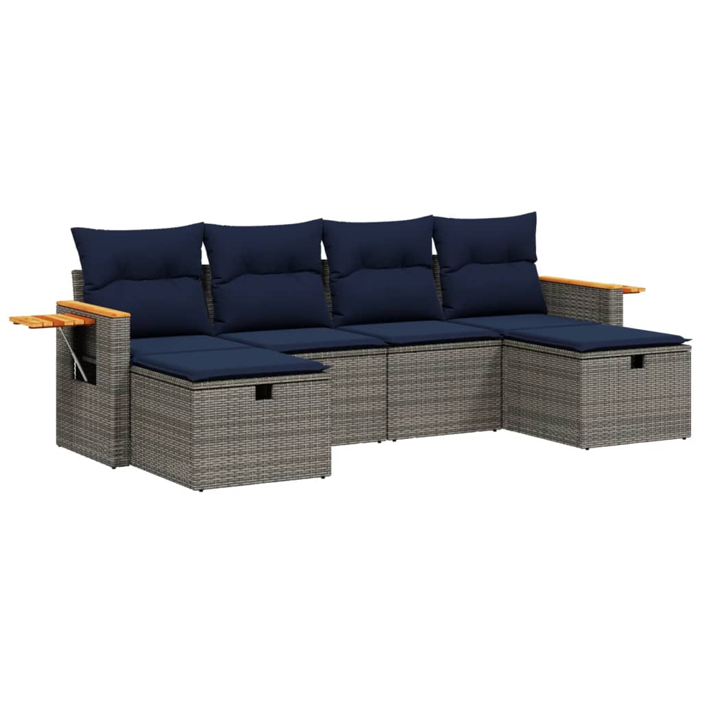 6-tlg. Garten-Sofagarnitur mit Kissen Grau Poly Rattan