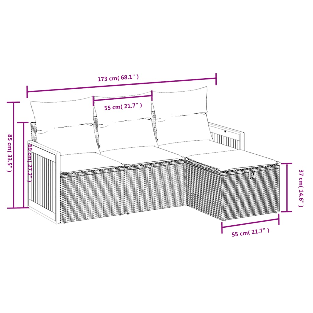 4-tlg. Garten-Sofagarnitur mit Kissen Grau Poly Rattan