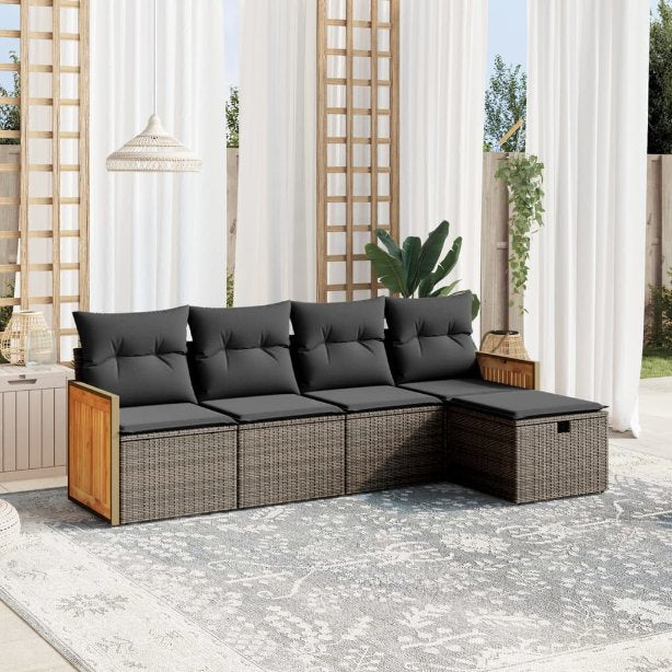 5-tlg. Garten-Sofagarnitur mit Kissen Schwarz Poly Rattan
