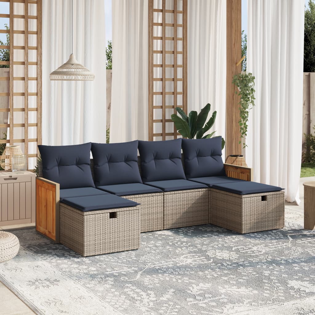 6-tlg. Garten-Sofagarnitur mit Kissen Grau Poly Rattan
