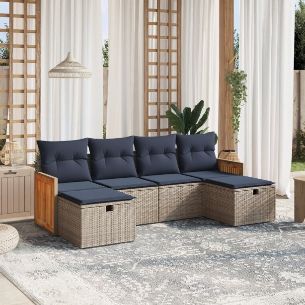 6-tlg. Garten-Sofagarnitur mit Kissen Grau Poly Rattan
